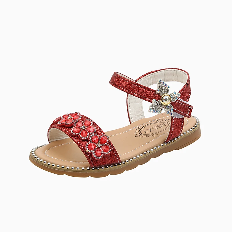 

Kids Girls Cute Flower Open Toe Flat Strap Summer Sandals, Silver/pink/red
