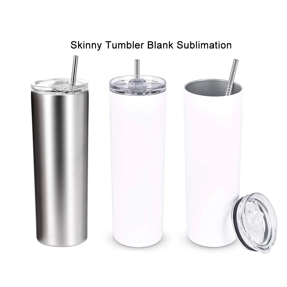 

Double wall 20oz stainless steel insulated straight silver white sublimation blanks skinny tumbler cups with lid and metal straw, Custom color