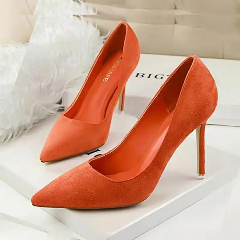 

Heels Shoes Women Formal Party Wedding Shoes High Thin Heel Pointed Toe Shallow Mouth Flock Shoes
