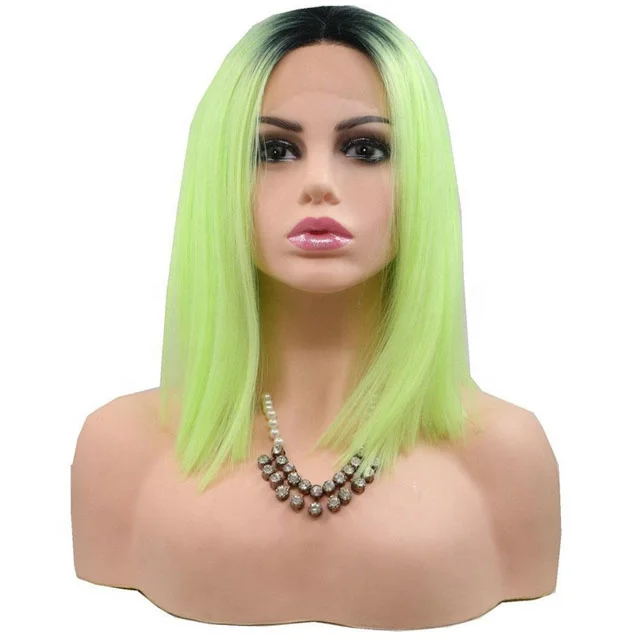 

Aliblisswig Transparent Lace Heat Resistant Fiber Hair Dark Root Ombre Lime Short Straight Bob Lace Front Wig