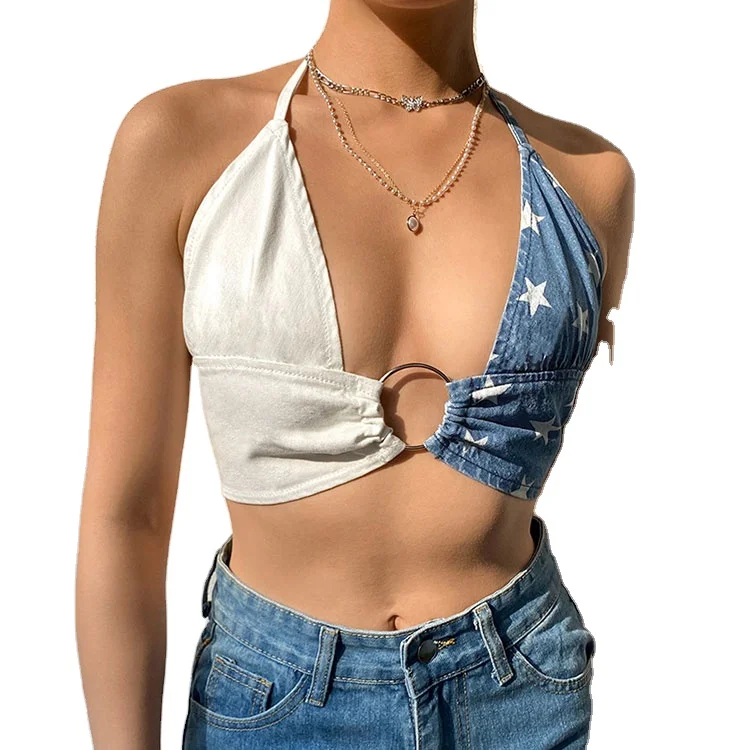 

Sexy Contrast Color V Neck Halter Denim Tank Tops Starts Printed with Metal Ring