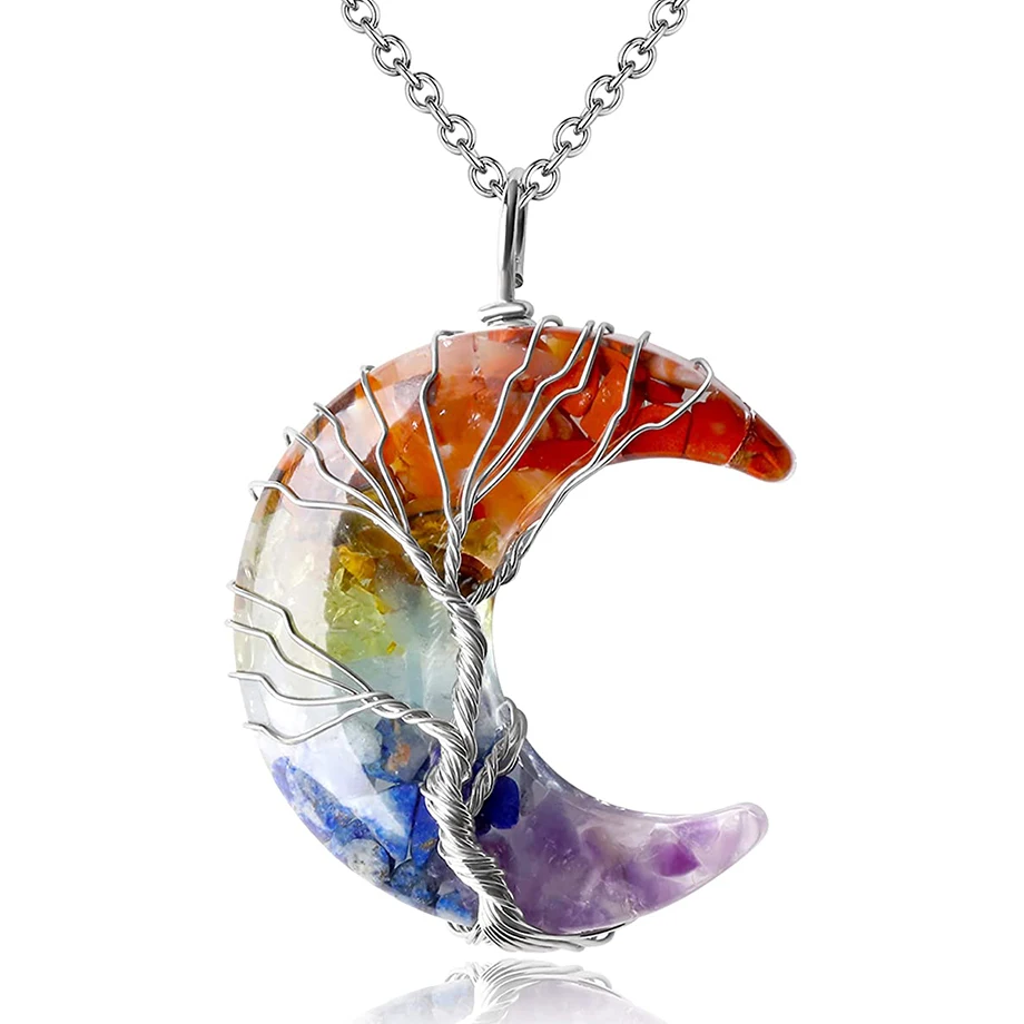 

CSJA tree of life wire wrapeed crystal crescent moon pendant necklace healing quartz chip bead resin stone necklace G931