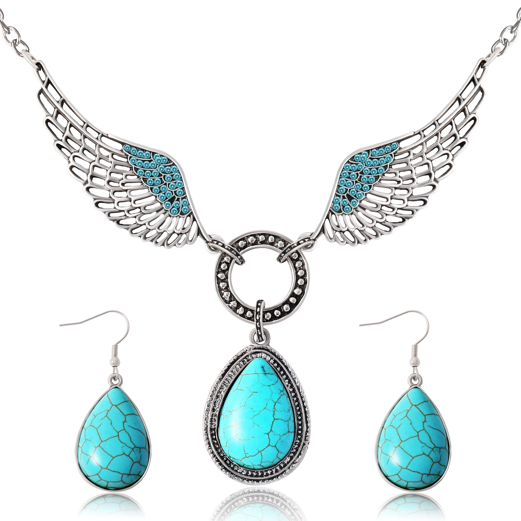 

Boho Retro Angel Wing Pendant Water Drop Turquoise Stone Chunky Statement Choker Necklace Earring Bohemian Jewelry Set For Women