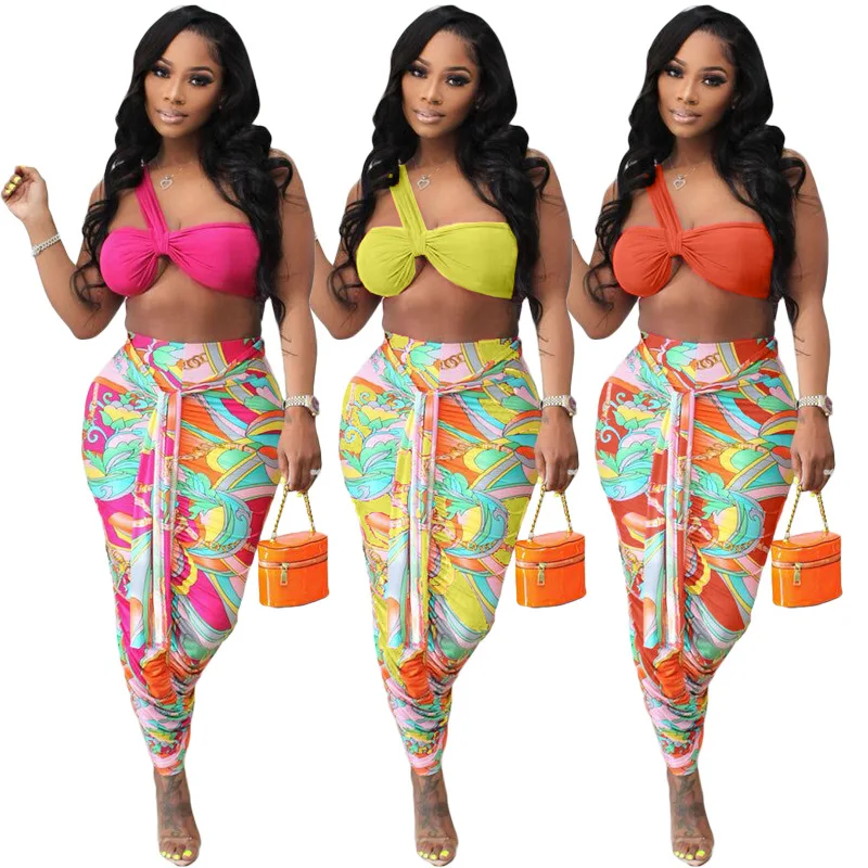 

2022 New Arrivals summer Women elegant casual ropa Mujer print strapless Two Piece skirt Set evening 2 Piece Set clothing, Picture color