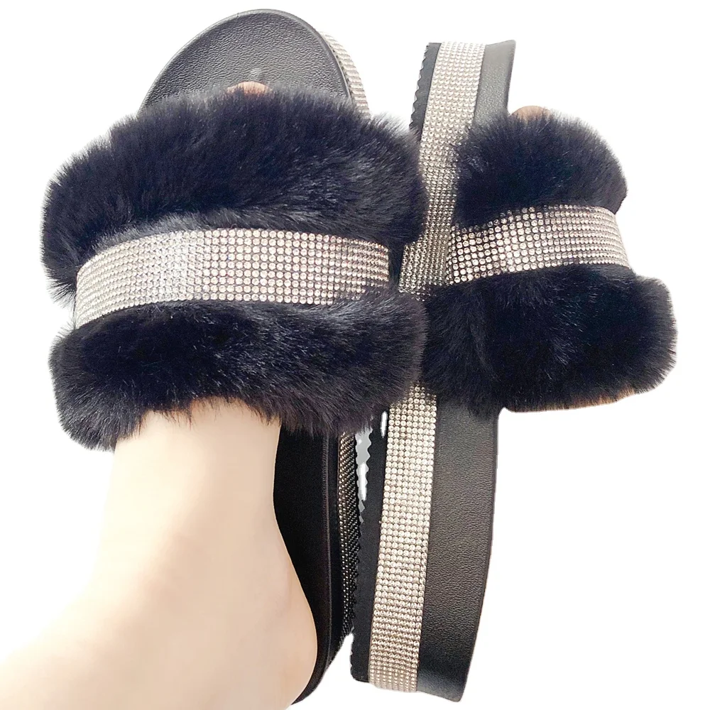 

Thick bottom Rhinestones winter soft plush slippers Flat women house slippers fluffy Faux Fur slides, Requirement