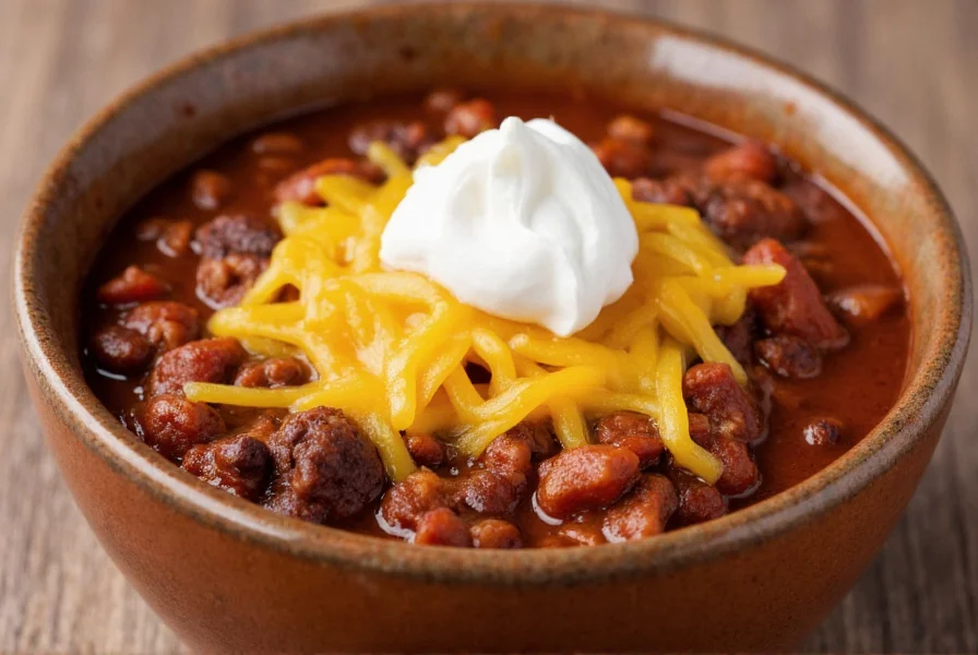 Finished bowl of rich, dark chuck roast chili with melted cheese and sour cream topping