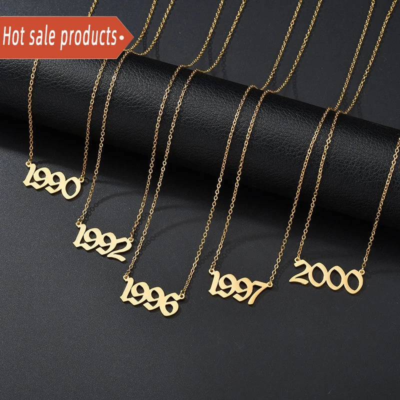 

High Quality Stainless Steel jewelry Birth Year Necklace Personalized Old English Arabic Year Number Pendant Necklace, Picture shows