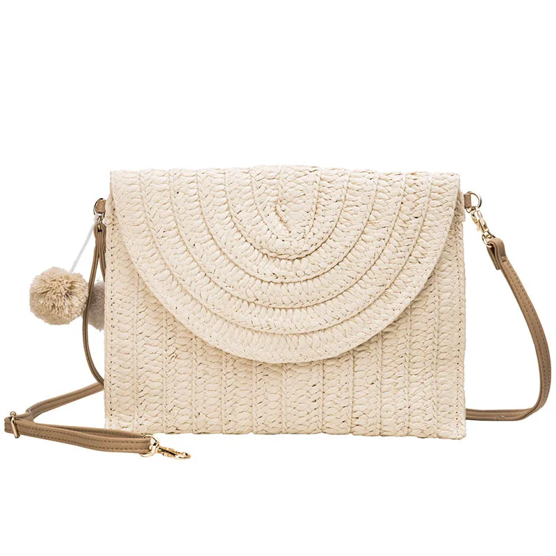 

2021 Fashion Pom pom Straw Shoulder Bag Straw Clutch Women Handmade Straw Crossbody Bag Summer Beach Envelope Purse, Khaki,cream