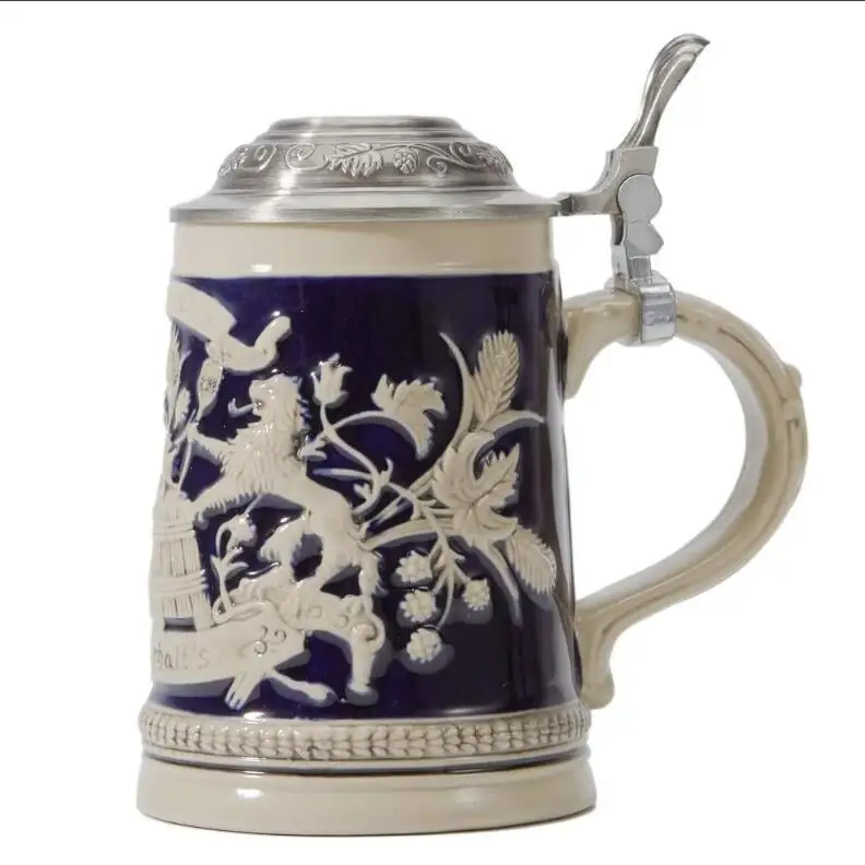 

Beer Mug Beer Cup Tankard Petwer Lid Bavarian Circus 100% Handmade Custom German Beer Stein Ceramic Relief Gifts 0.5L Mugs, As photo showed