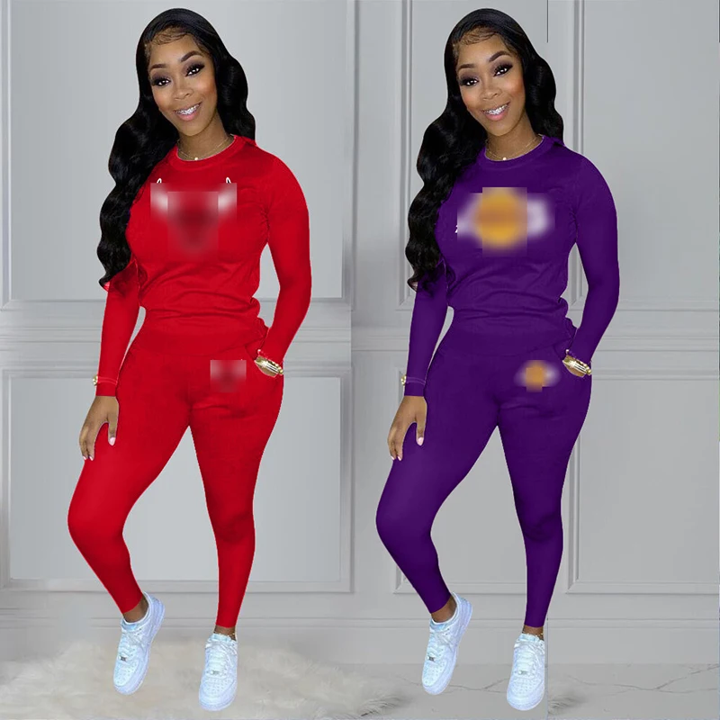 

Hot sale custom 2 piece pants set women long sleeve team basketball wear jersey uniforms Solid Color Jogger Sets, Red,purple