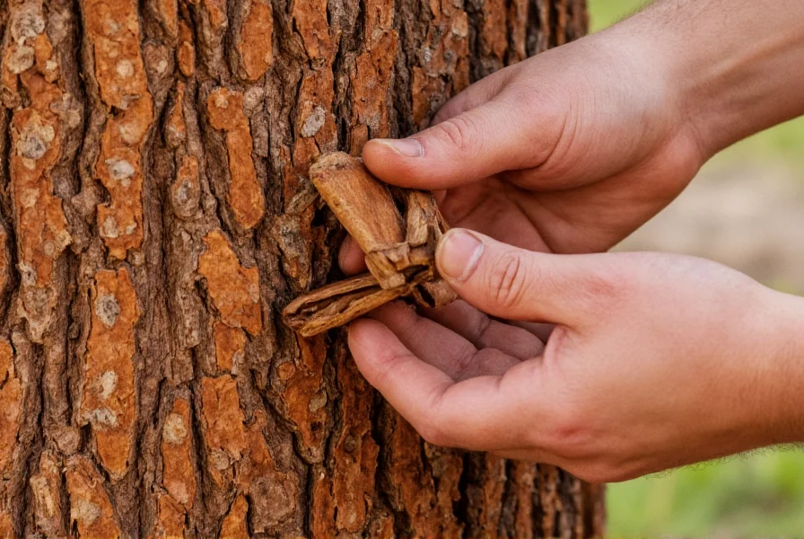 Close-up view of cinnamon tree bark being carefully scraped by hand during traditional harvesting process