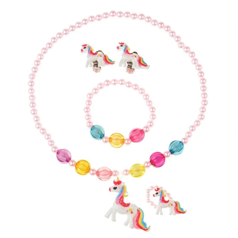 

Fashion Cute Cartoon 4pcs/set Unicorn Kids Jewelry Acrylic Plastic Necklace Ear Clip Elastic Bracelet Ring, As picture