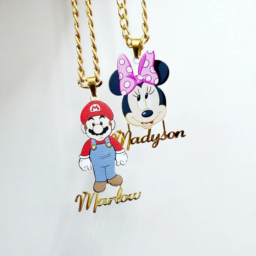 

Custom Gold Plate Cartoon Name Pendent Necklace Big Size Kids Cartoon Character Necklaces Stainless Steel Necklace Gifts, Silver gold