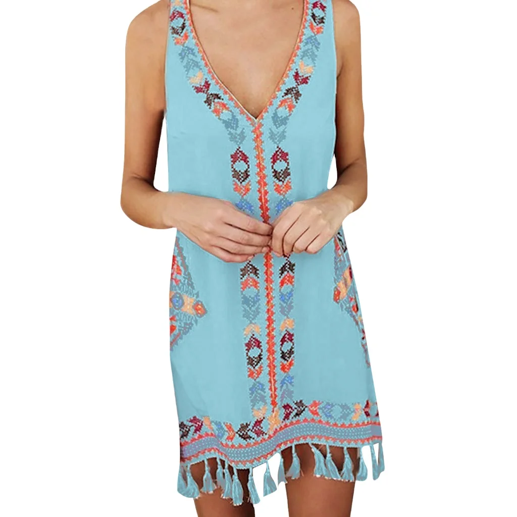 

Summer loose A-line hem tassel ethnic style large size printed dress