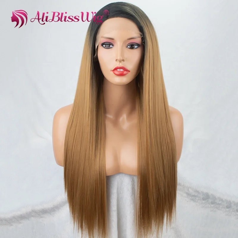 

Aliblisswig Wholesale wigs Natural Looking Free Parting Wigs Long Silk Straight Black Cheap Synthetic Lace Front Wigs For Women, Ombre blonde