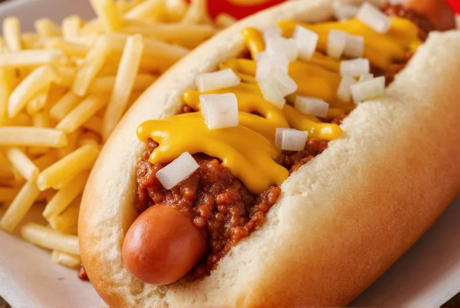 Close-up photograph of a Sonic chili cheese coney showing the steamed hot dog topped with warm chili, melted cheddar cheese, and diced onions in a soft toasted bun