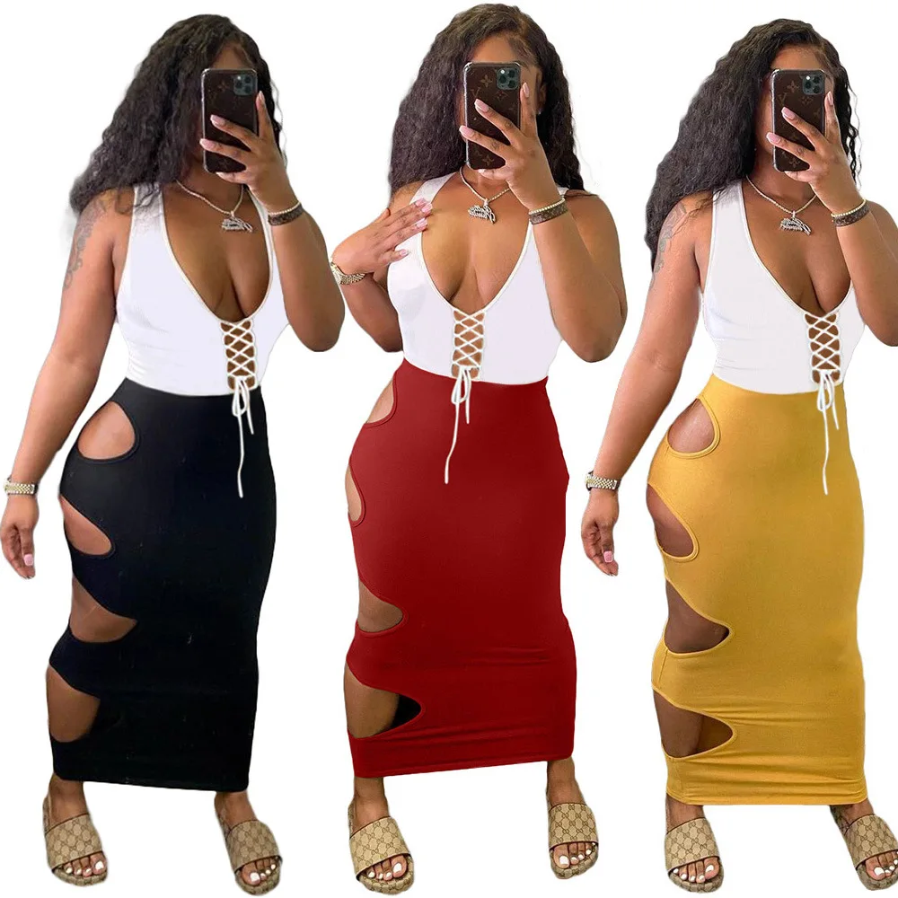 

Casual summer sleeveless midi dress hollow out bodycon women dresses, Yellow,red,black