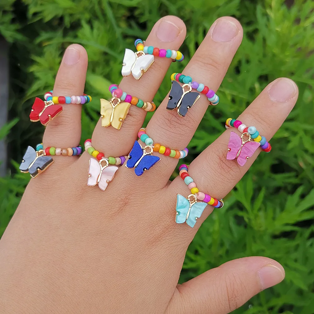 

Cheap Boho Elastic Colored Seed Beads Finger Ring Colorful Beaded Butterfly Pendant Stackable Rings