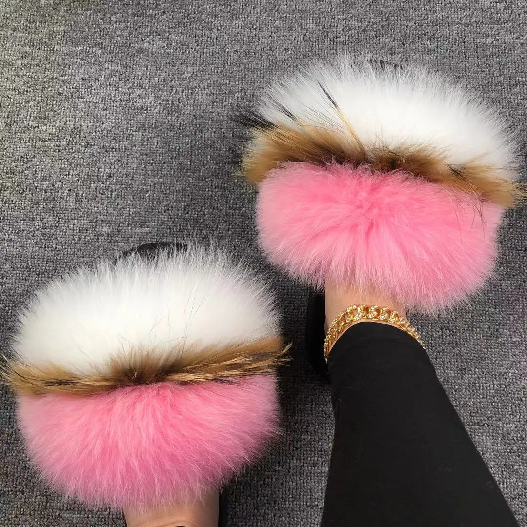 

2021 new design Wholesale real fur slide fox fur slippers for women, Customized