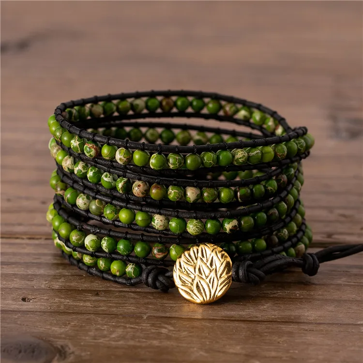

Green Sea Sediment Jasper bead bracelet Natural stone bead wrap bracelet 5 times leather strap bracelet Premium Jewelry
