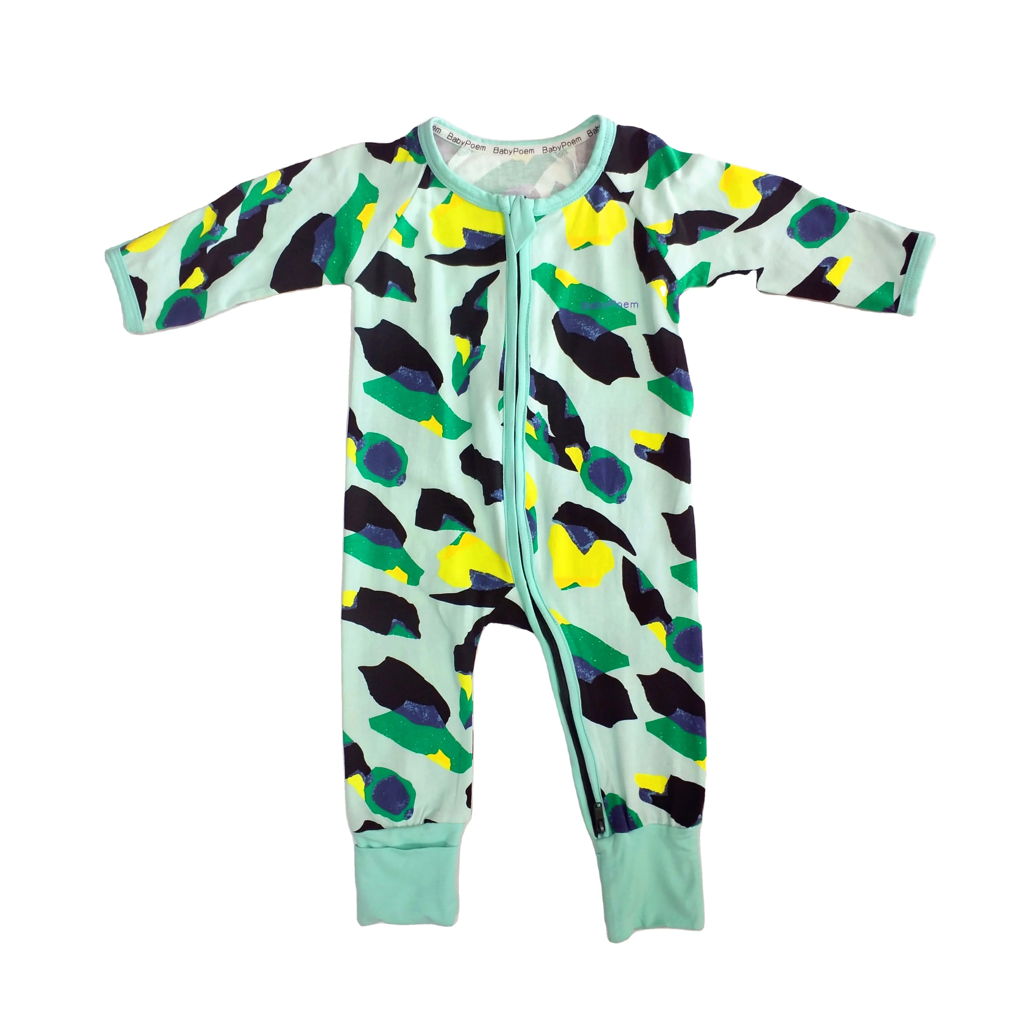 

New Design 95% cotton 5% elastane full print Popular long sleeve Romper onesie for baby with zipper opening