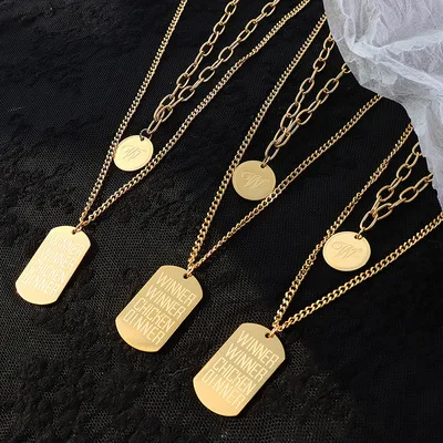 

Best Selling Double Layered Coin Necklace 18k Gold Plated Stainless Steel Initial Letter Tags Layered Necklace For Women