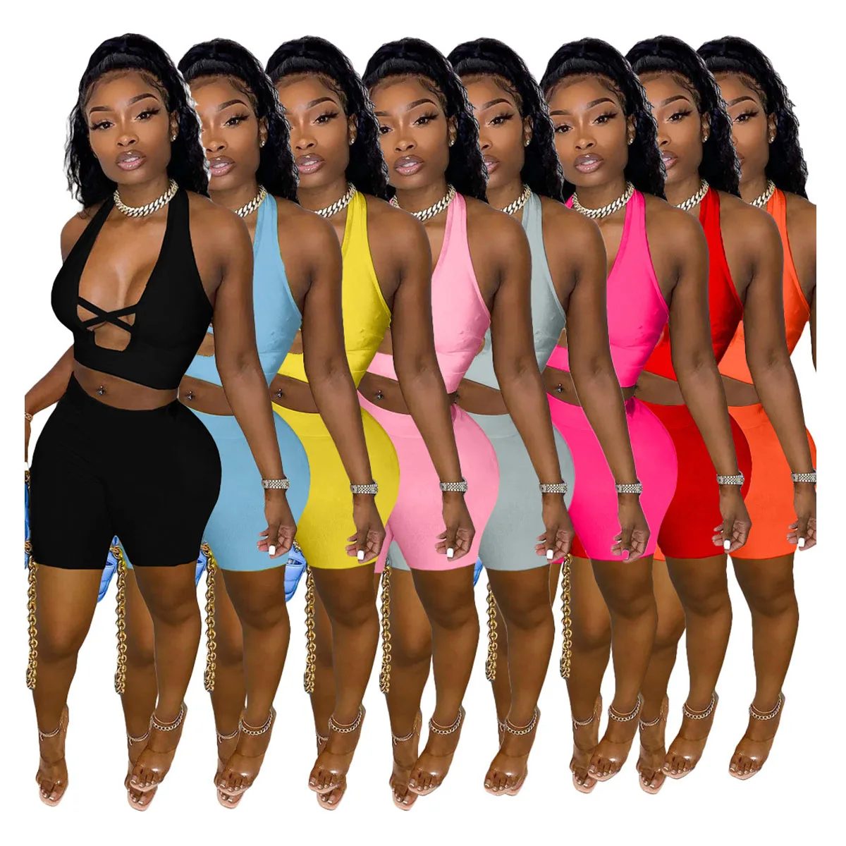 

2021 Women Biker Short Pants Set Plus Size Summer Clothing Outfits Jumpsuit Rompers Sexy Crop Tops 2 Piece Pant Set Outfits