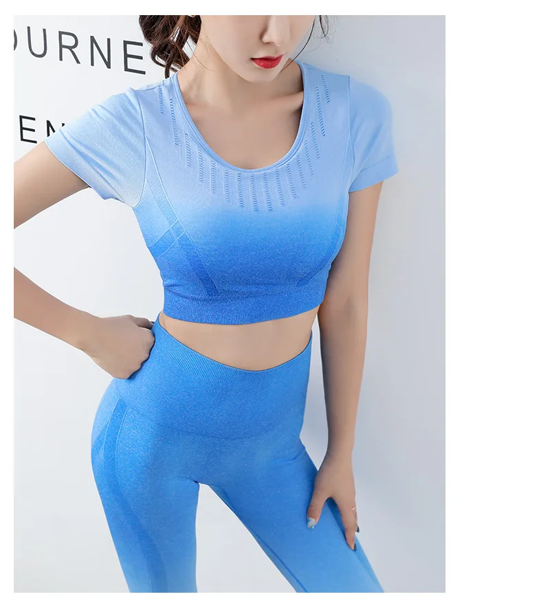 

Women Seamless Yoga Set Gym Clothing Fitness High Waist Leggings+Cropped Bra Sport Suit Women Tie dye Gradient Color Active Wear