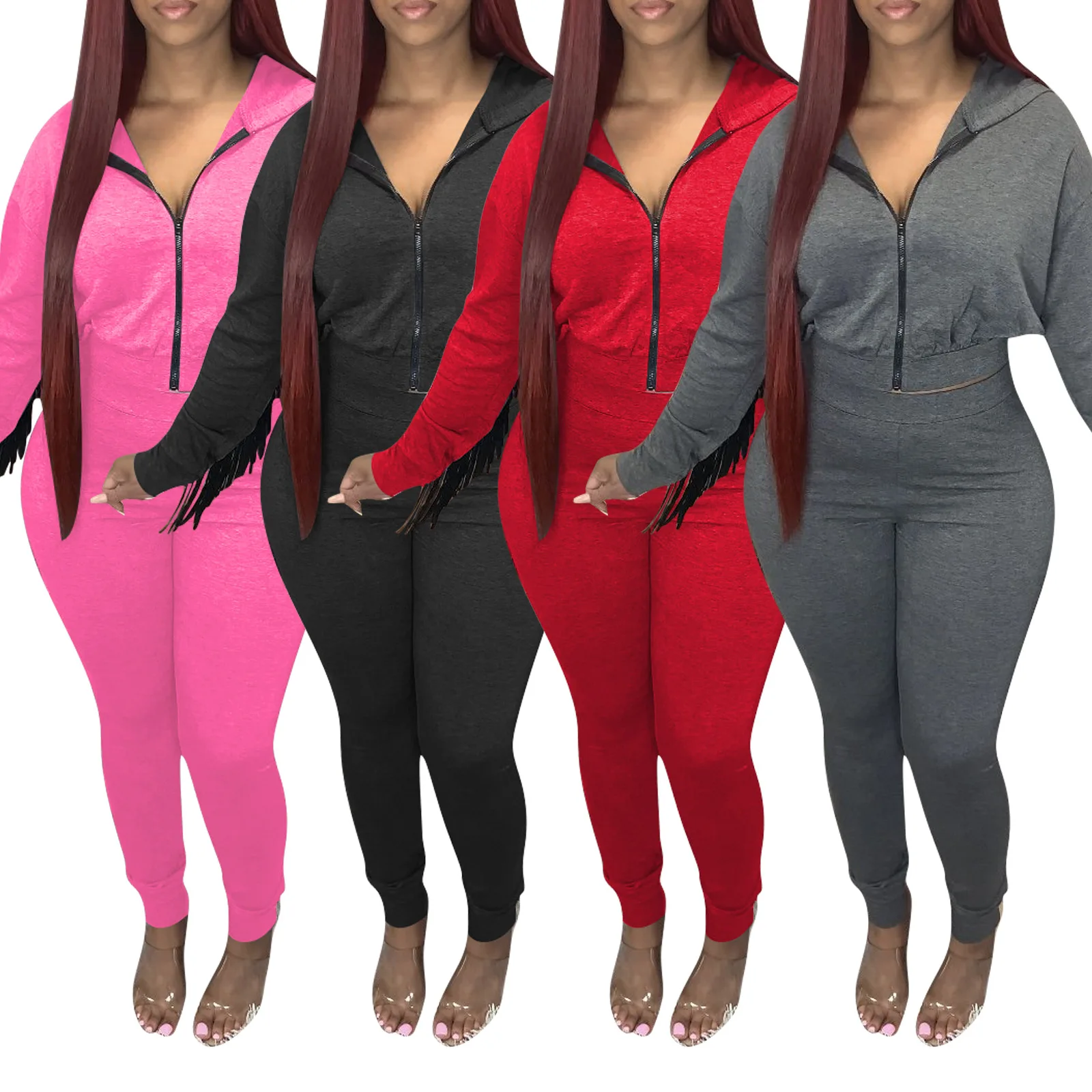 

Women's cotton 2-piece back tassel wings solid Cotton Hooded sweatpants set