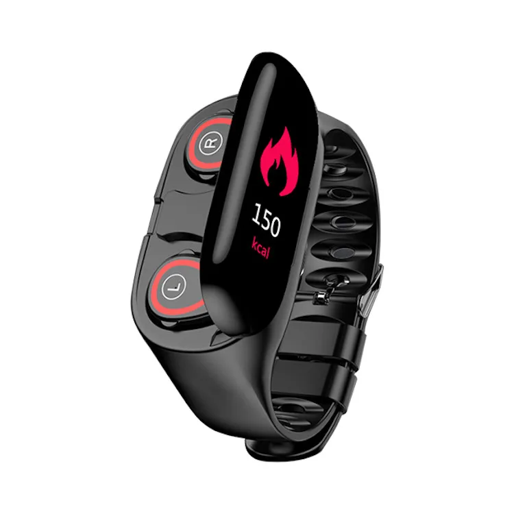 

Blue tooth Earphone with Ai Heart Rate Monitor Smart Wristband 2 in 1 smart watch earbuds and earphone smart watch, Black red