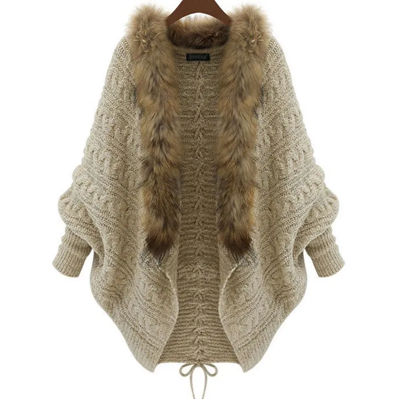 

New Fashion Women European Style Fur Collar Bat Sleeve Knitted Cardigan Shawl Coat Winter Sweater