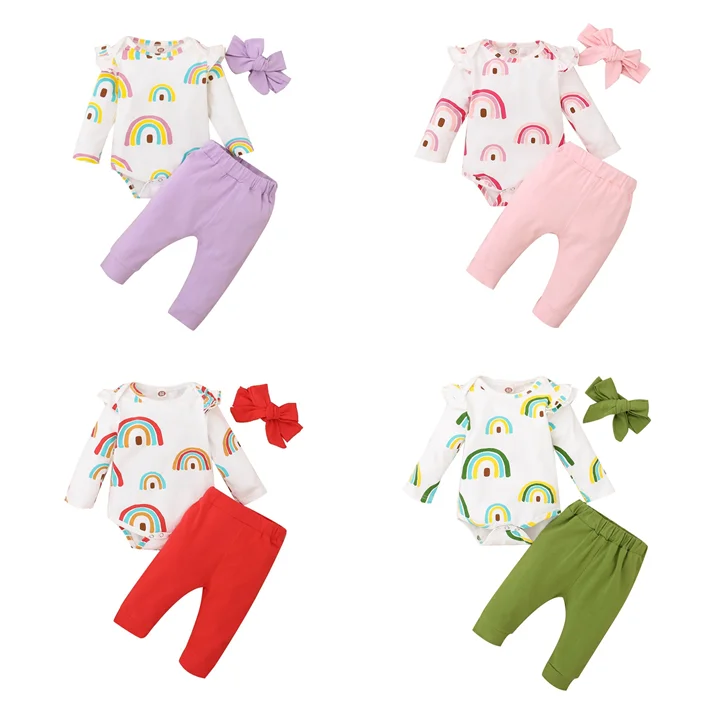

2021 Autumn Infant Baby Girls Boys Headband Bow Long-sleeved Rainbow Floral Print Romper+Soild Pants Set Toddler Kids Outfits, As pic shows, we can according to your request also