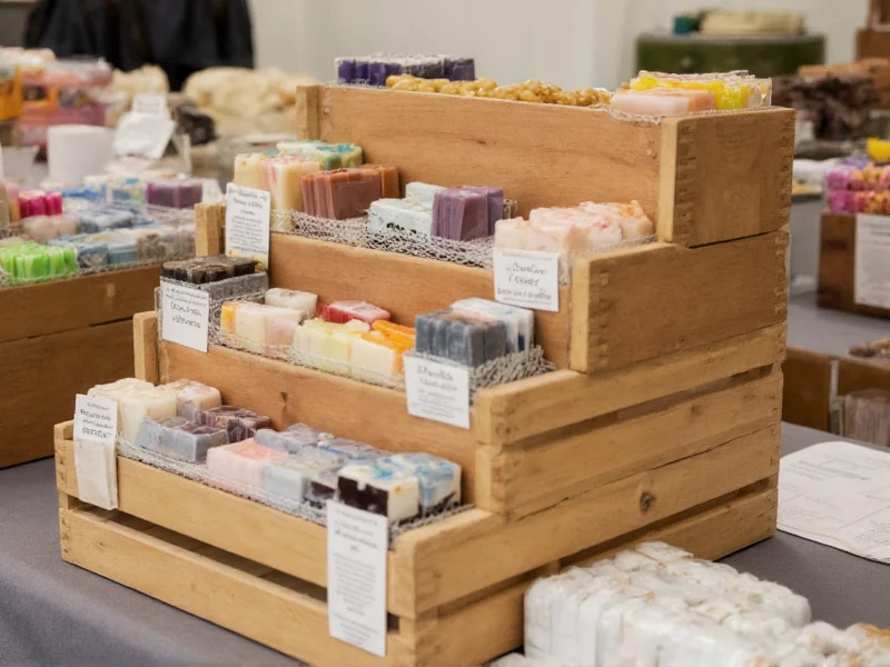 Tiered wooden crate display with handmade soaps at craft fair