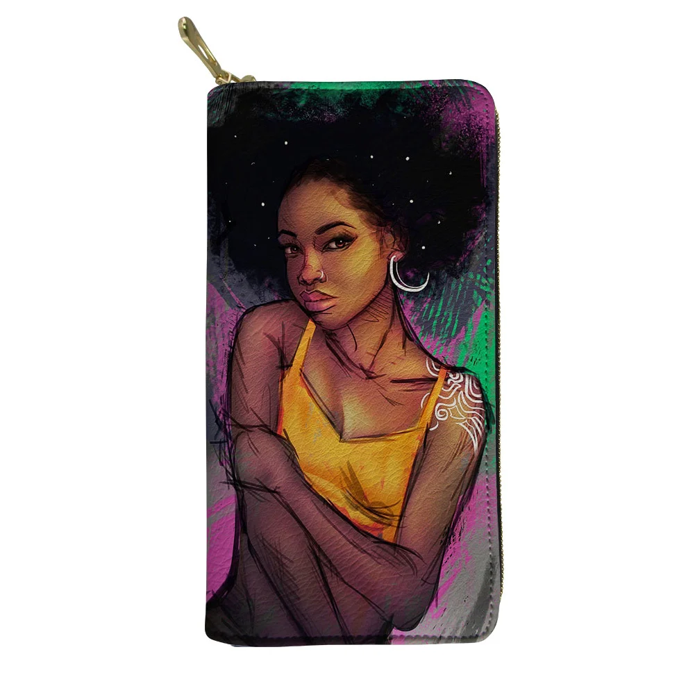 

Wholesale Long Designer Card Zipper Wallet Purse PU Leather Women's Clutch African wallets Black Art Afro Girl Printed MOQ 1, Customized color