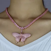 

16" 18" cz tennis chain rose gold pink butterfly pendant necklace