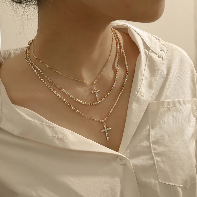 

Aimgal Jewelry stainless steel gold necklaces diamond Three layers Cross Necklace