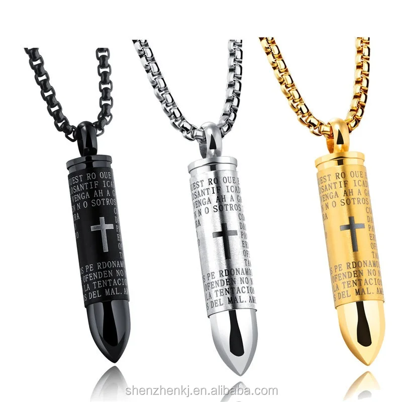 

High Quality Hip hop style Bullet Pendant for Men Engraved Cross Lord Bible Prayer Necklace Stainless Steel Male Jewelry, As pictures