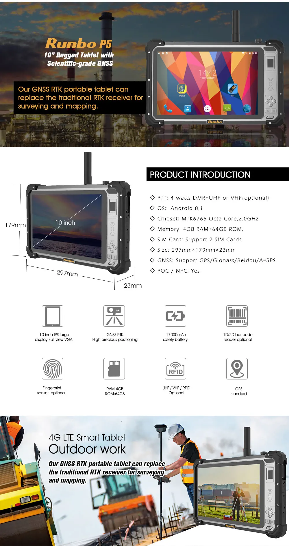 Runbo P5 GNSS RTK Rugged Android Tablet for land surveying and mapping RTK receiver