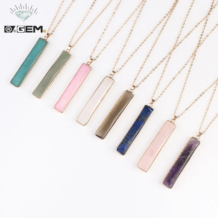 

R.GEM. Amazon Ins Wholesale Women's 18k Gold Plated Square Gemstone Pendant Colored Natural Stone Bar Necklace