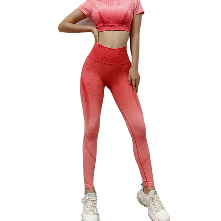 

Ready To Ship Women Seamless Fitness Leggings Crop Yoga Short Sleeve Sets