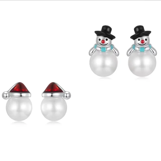 925 Sterling Silver Fashion Jewelry Snowman Shell Pearl Christmas Hat Studs Earrings Fine Jewelry Winter Shining Earrings