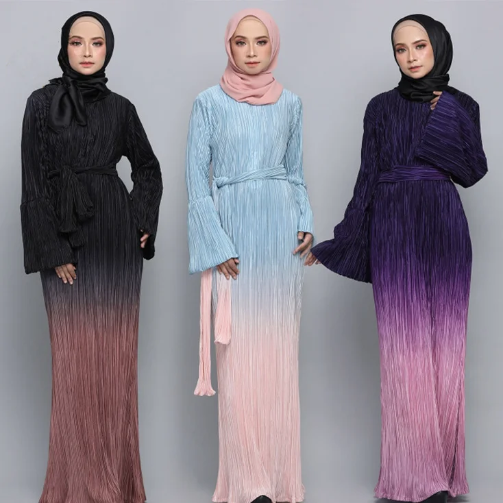 

Wholesale High Quality Middle Eastern chameleon pleated Muslim long sleeve long Dress Pencil Skirt Abaya With Removable Belt, 3 colors