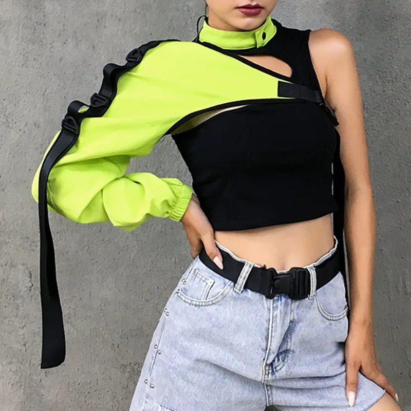 

Wholesale Reflective top jacket personality irregular buckle tape long sleeve one side wearing crop top, Available