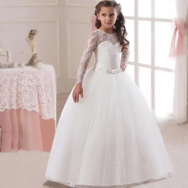 

New 4 -14Y Kids Girls Long Lace Flower Party Prom Dresses Kid Girl Princess Wedding Long Sleeve Children First Communion Dress, Can follow customers' requirements