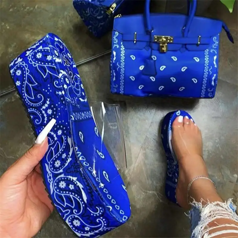 

2021 fashion bandana bag and matching slides set women trendy purse and shoe sets, 4 colors as picture