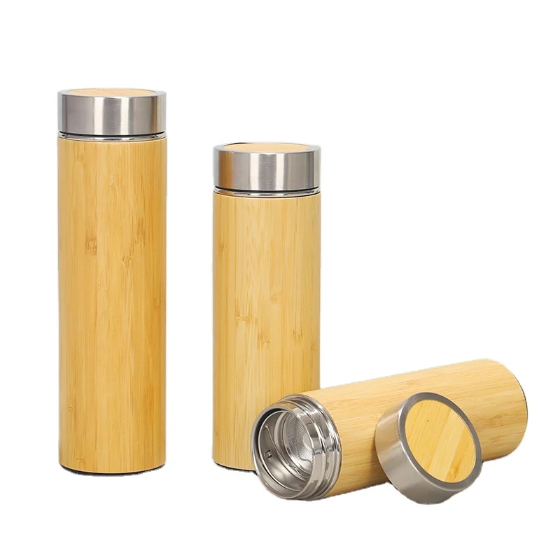 

Wholesale Factory 350 ml 450 ml bamboo water bottle Vacuum Stainless Bottle tea cup coffee mugs and cups with lids, Customized colors acceptable