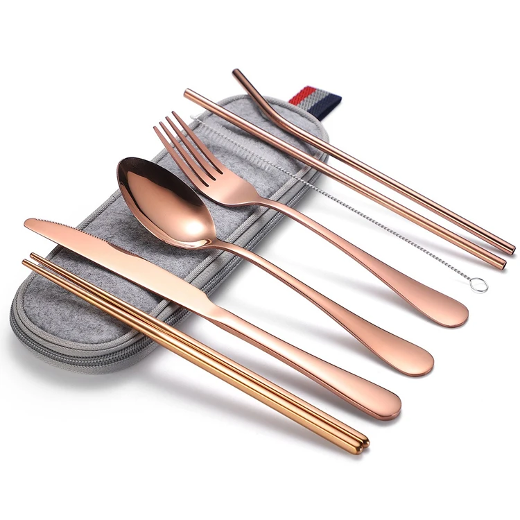 

Reusable Travel Silverware Set Straw Knife Spoon Fork Chopsticks Metal Stainless Steel Cutlery Set with Portable Case, Rose gold/silver/gold/black/colorful