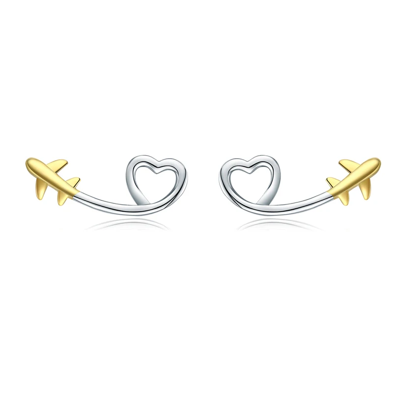 

Women Earrings Personality Airplane Love Heart 14k Gold Plated 925 Sterling Silver Stud Earrings Jewelry Gift