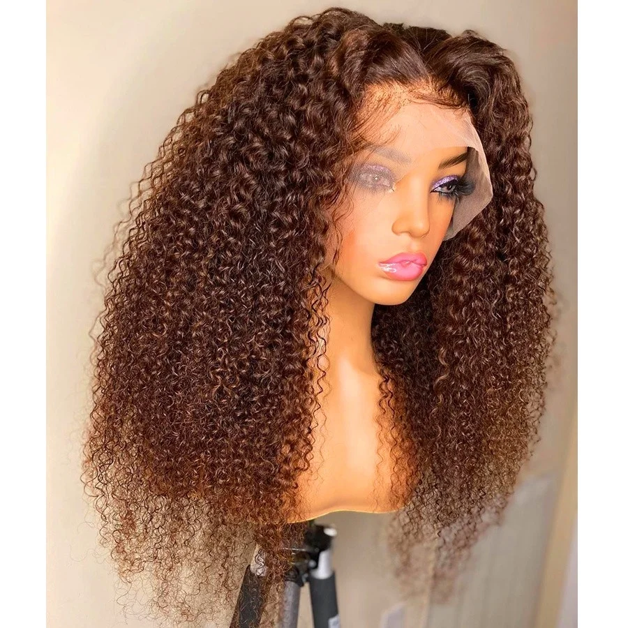 

Chestnut Brown Color Kinky Curly Brazilian Virgin Unprocessed Human Hair Lace Front Wigs