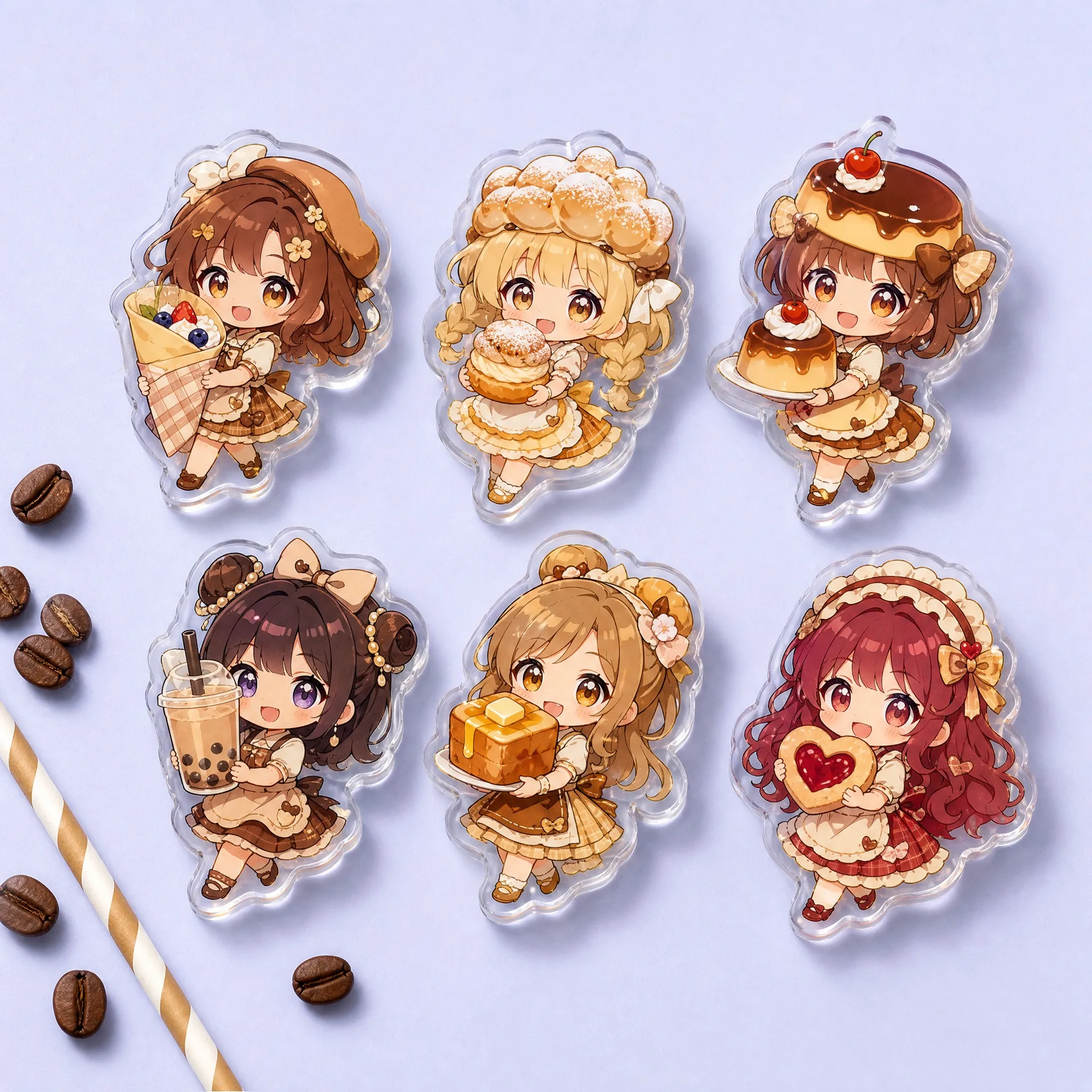 6 Bakery and Dessert Cafe Chibi Acrylic Grips: Fruit Crepe, Cream Puff Choux, Caramel Flan Pudding, Boba Tea, Honey Toast, Jam Cookie